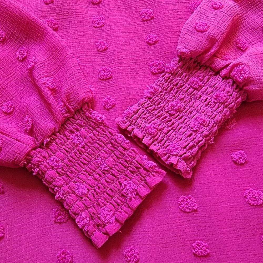 Versona Swiss Dot Shift Dress Womens XS Magenta Pink Smocked Long Sleeve Barbie - Picture 5 of 11